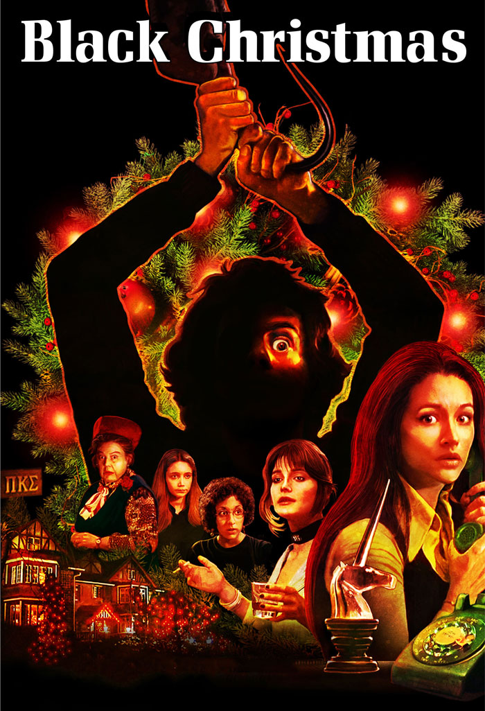 A suspenseful scene from "Black Christmas," a classic best Christmas movie, featuring a group of tense characters.