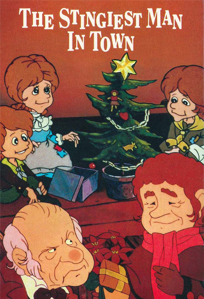 Cartoon characters gather around a small decorated Christmas tree, capturing a festive holiday movie scene.