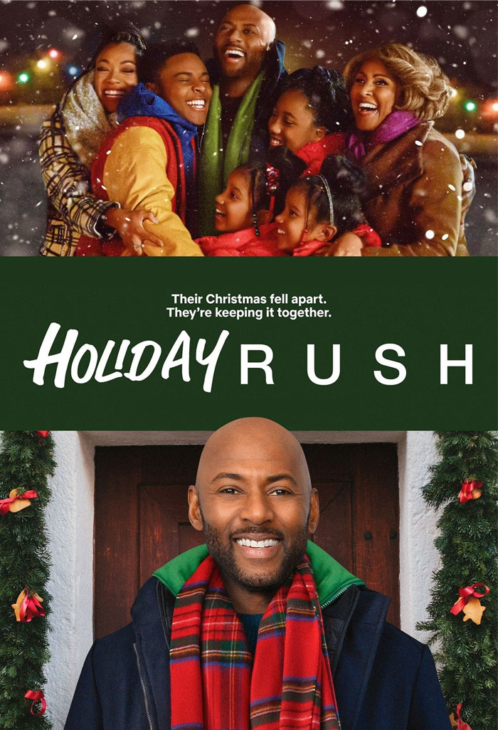 Smiling family in warm clothes gathered for Christmas movie, "Holiday Rush."
