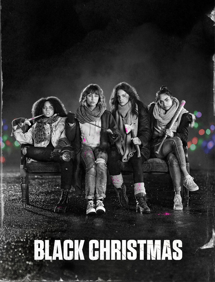 Four women sitting on a bench in winter attire holding weapons, with "Black Christmas" written below.