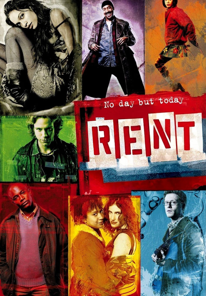 Collage of characters from the movie Rent, a choice for best Christmas movies.