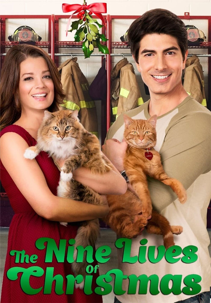Two people holding cats under mistletoe, promoting the Christmas movie theme.