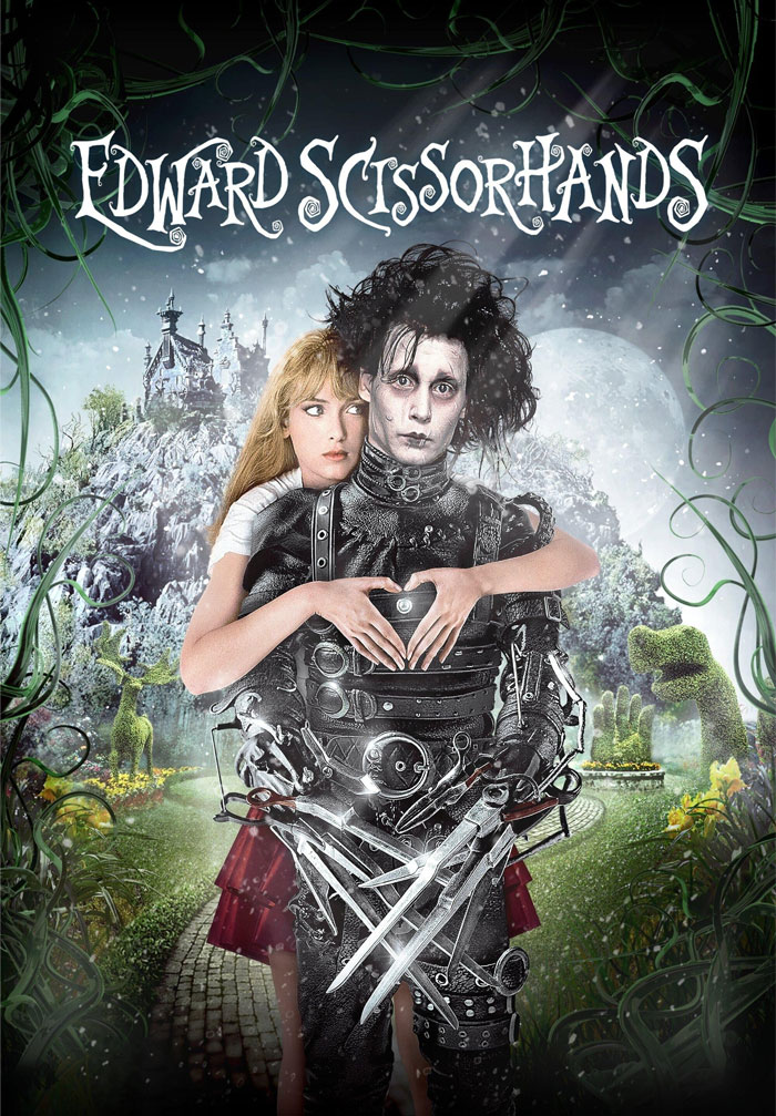 Edward Scissorhands movie poster depicting a whimsical garden scene.