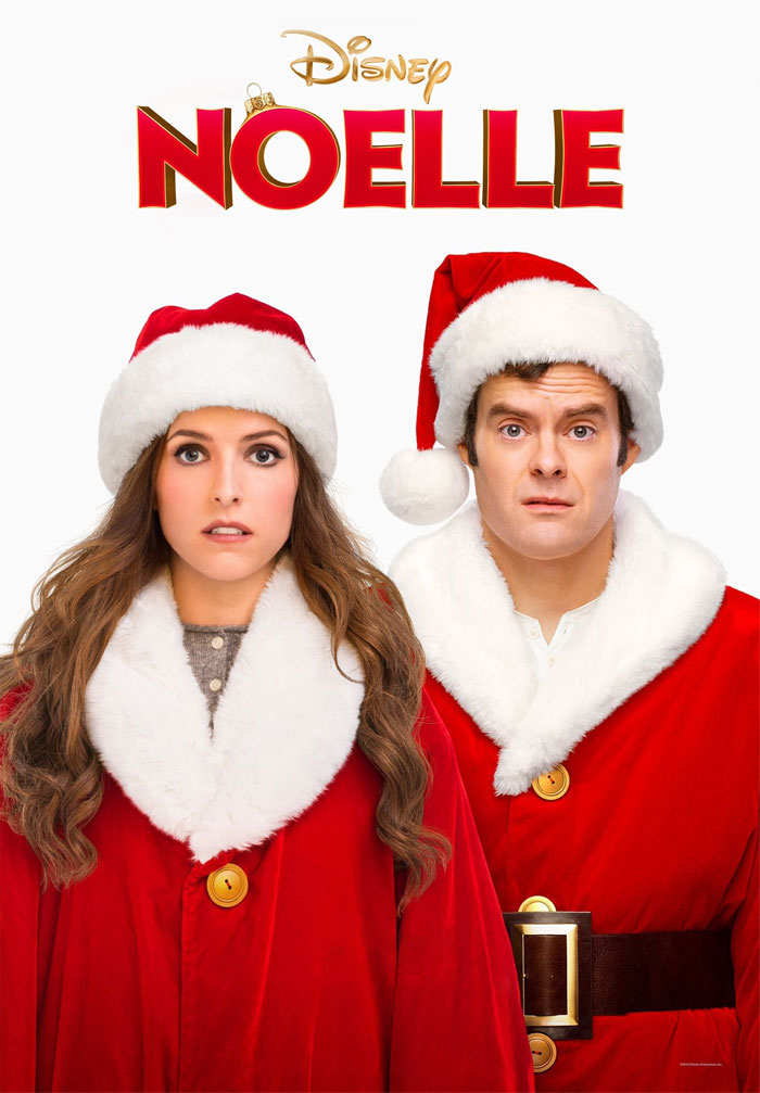 Two characters from a Christmas movie wearing Santa coats and hats, promoting holiday films.