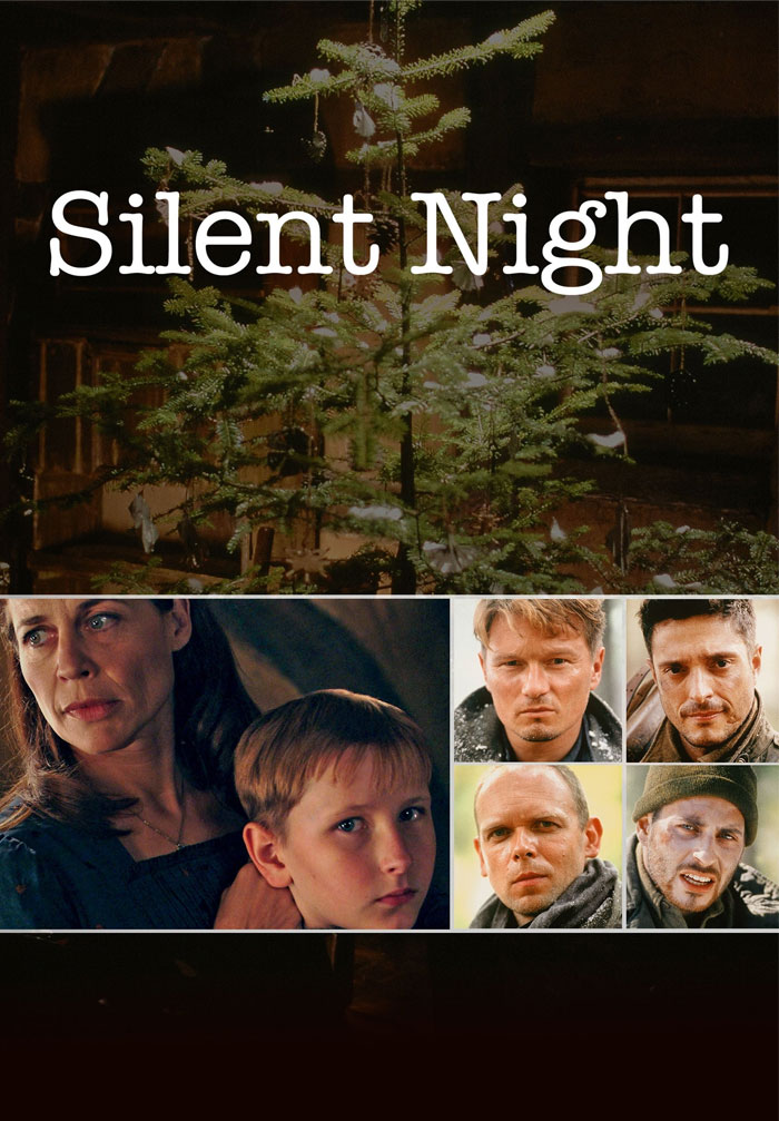 Silent Night film poster featuring main characters and a Christmas tree.