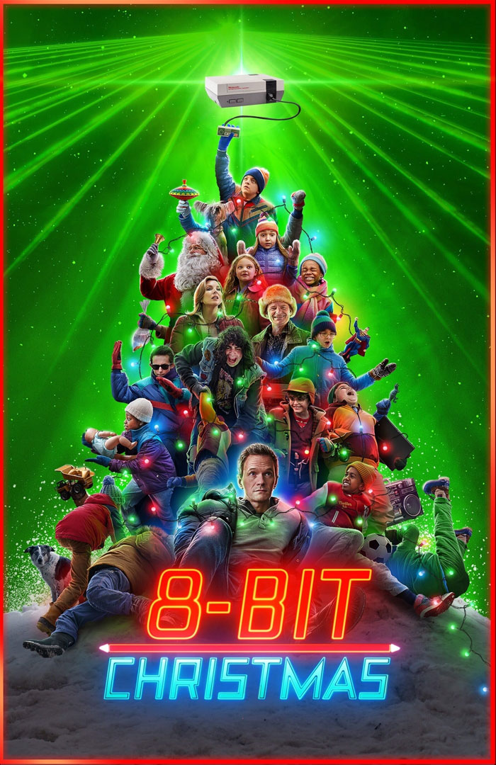 Colorful illustration of "8-Bit Christmas" characters forming a tree, perfect for Christmas movies theme.