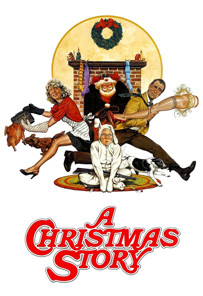 Illustration from "A Christmas Story" movie poster with festive characters and holiday decor.