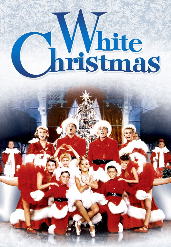Festive scene from "White Christmas" movie with performers in red and white costumes, perfect for holiday viewing.