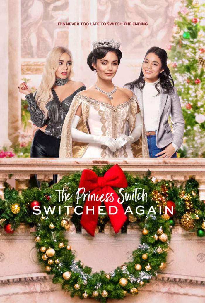 Holiday-themed movie poster featuring three women in festive attire, promoting "The Princess Switch: Switched Again."