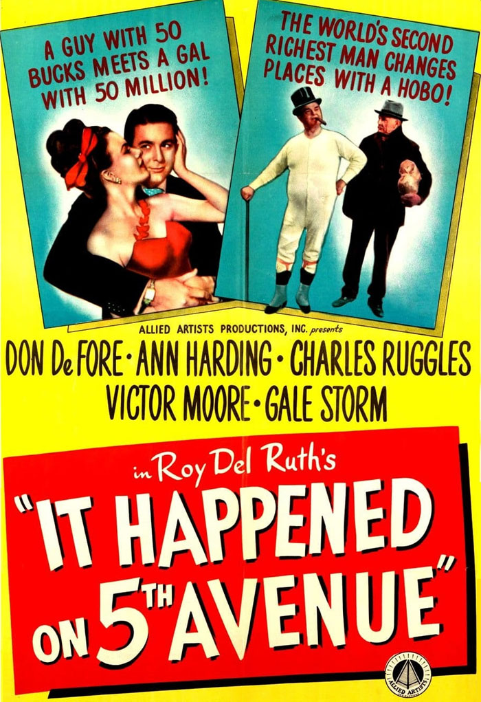 Poster of "It Happened on 5th Avenue," a classic Christmas movie featuring characters in elegant attire.