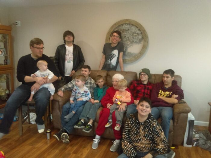 My Grandma With 11 Of Her 13 Great Grandsons, 5 Of Which Are Mine. No Granddaughters At All