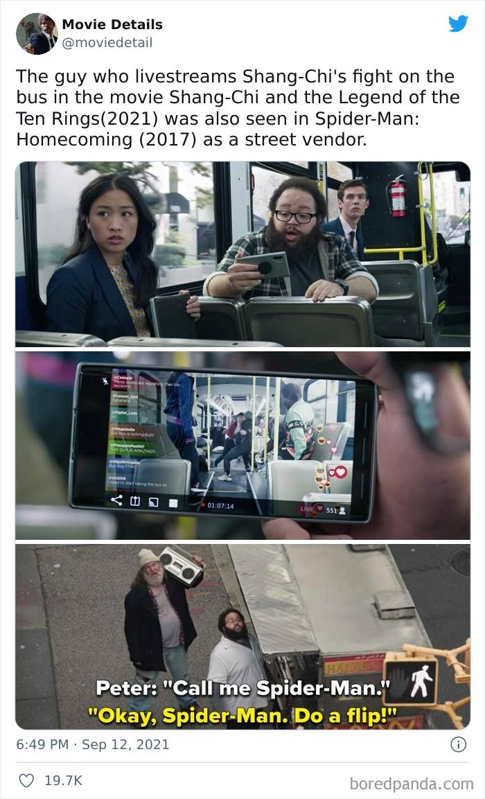 Screenshot of a Twitter post sharing obscure movie Easter eggs from Shang-Chi and Spider-Man, highlighting hidden character links.