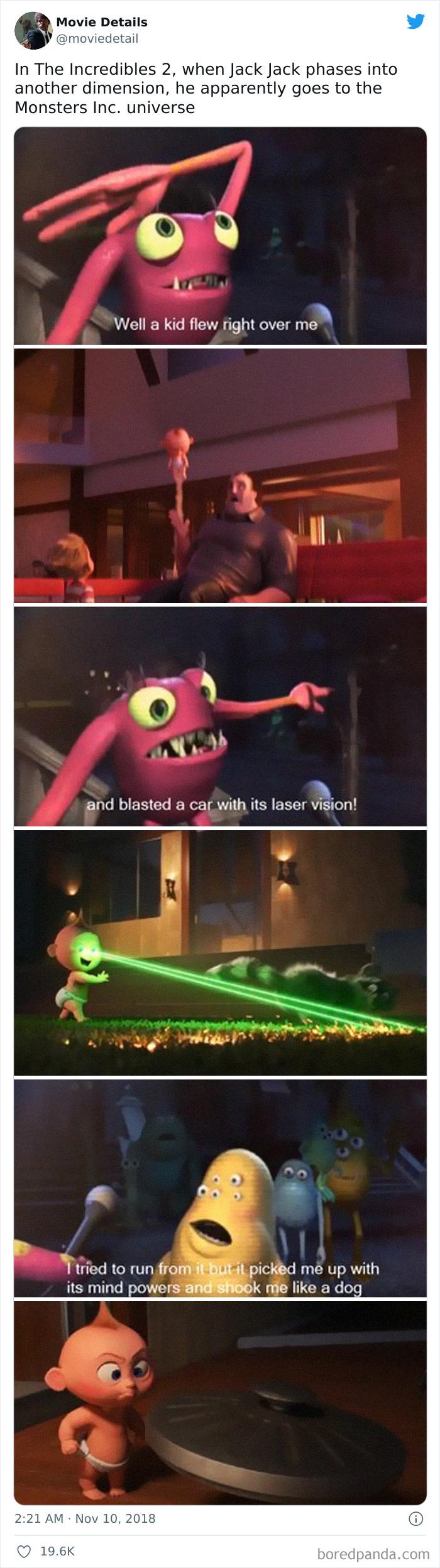 Scenes from The Incredibles 2 showing obscure movie Easter eggs referencing Monsters Inc universe shared on Twitter.