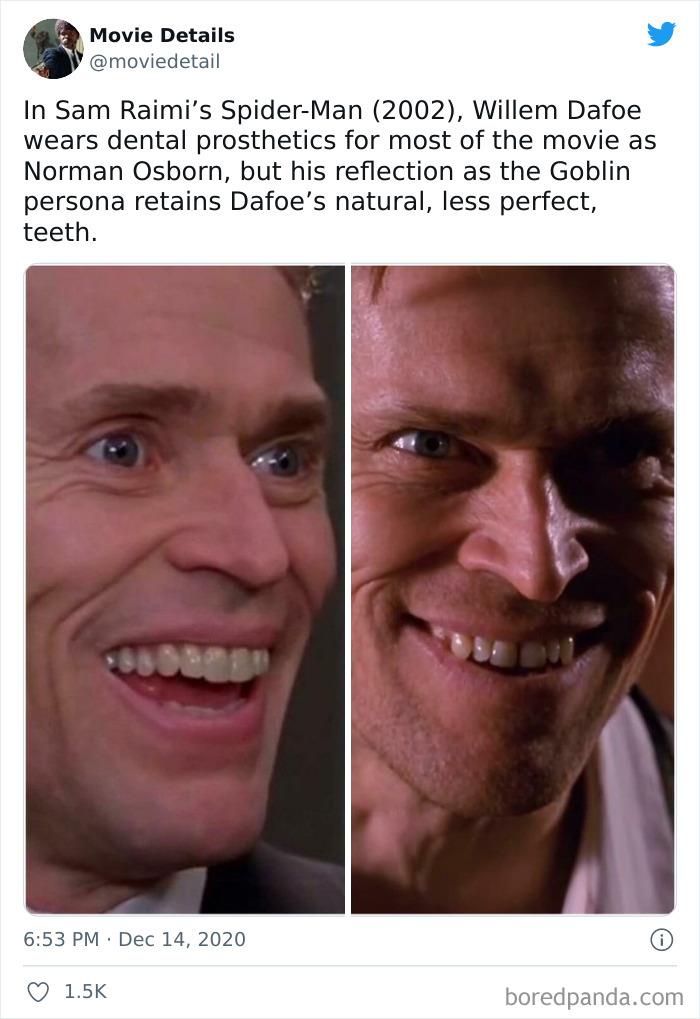 Close-up images of Willem Dafoe's character in Spider-Man showing movie Easter eggs in an obscure film detail.