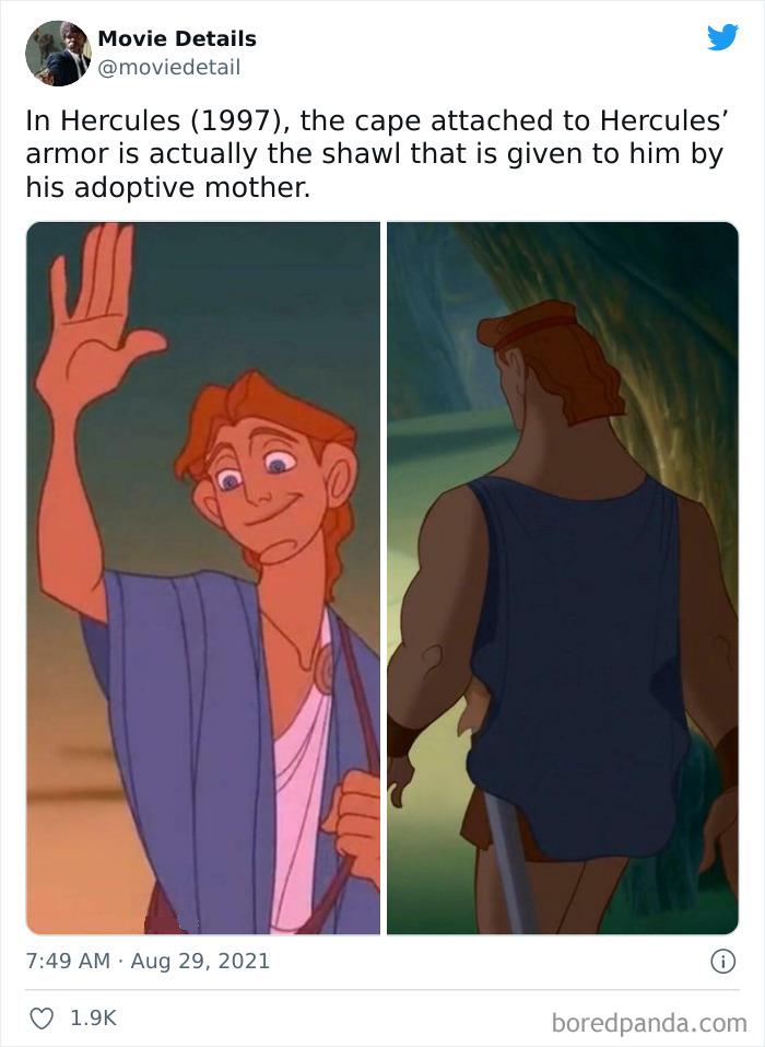 Tweet showing two scenes from Hercules (1997) revealing an obscure movie Easter egg about Hercules’ cape being a shawl.