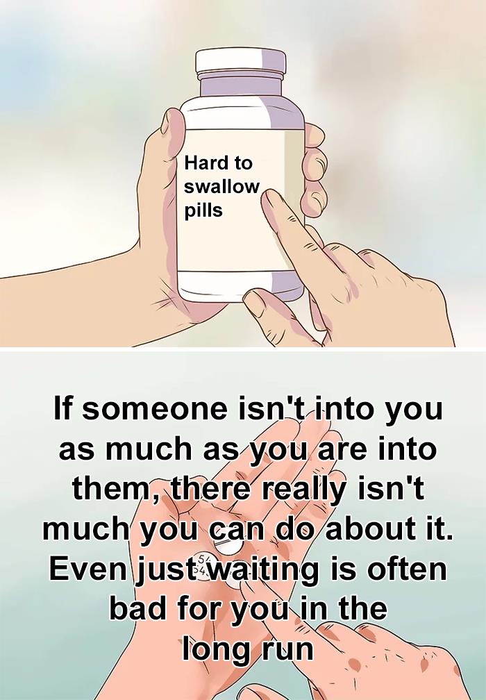 Hand holding a bottle labeled hard to swallow pills with text about truths people don't want to hear.
