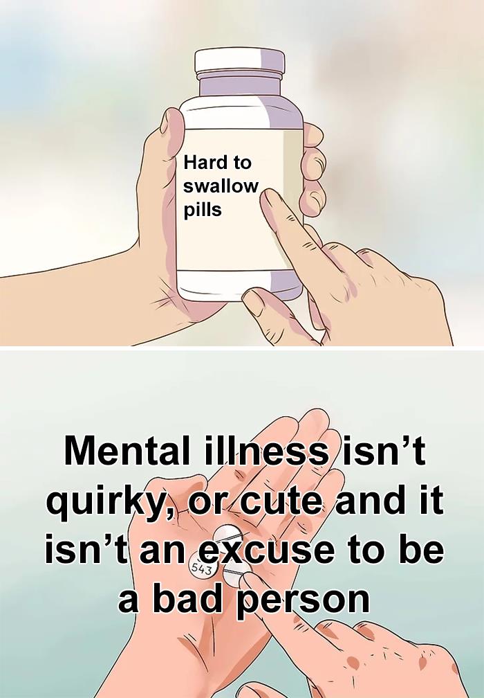 Illustration of hands holding a bottle labeled hard to swallow pills and a message about mental illness truths.