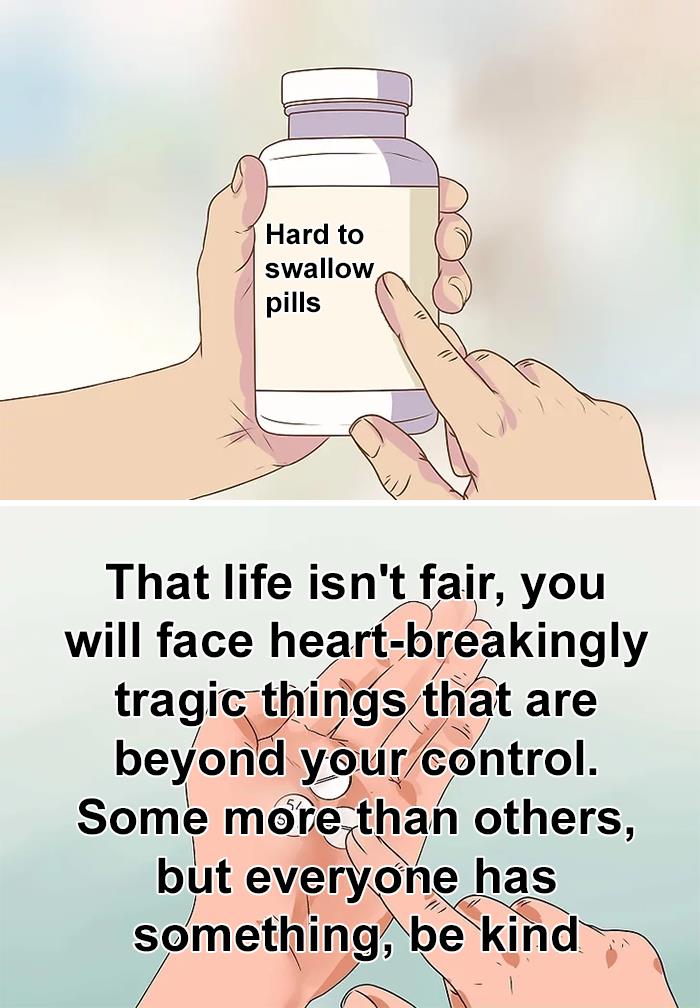 Hands holding a pill bottle labeled hard to swallow pills and a message about life’s tragic truths people share.