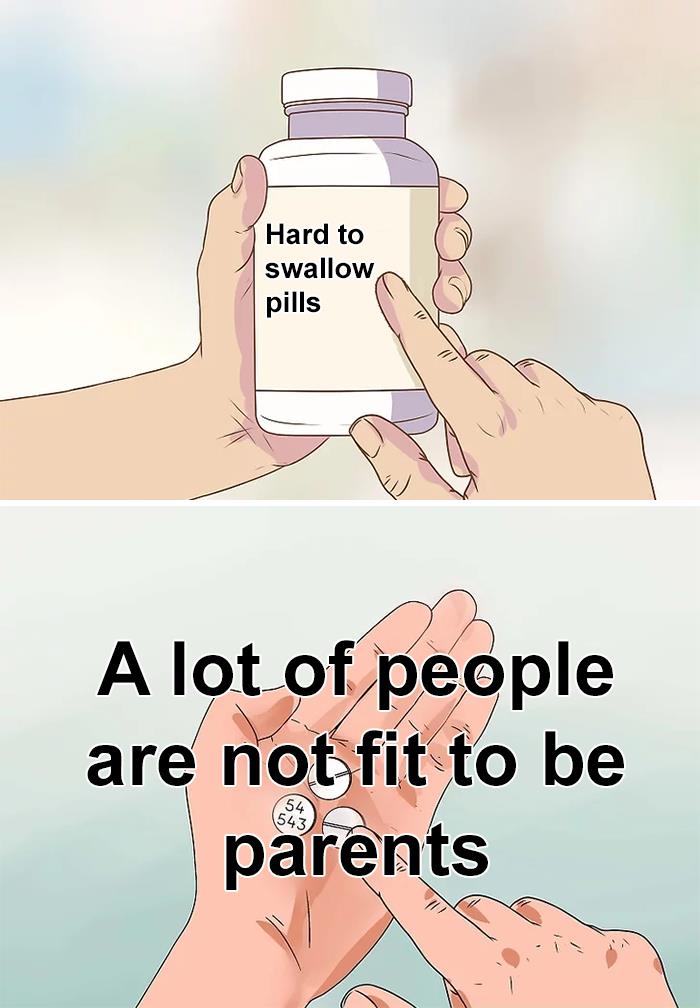 Hand holding a bottle labeled hard to swallow pills and open hand with pills and text about truths people share.