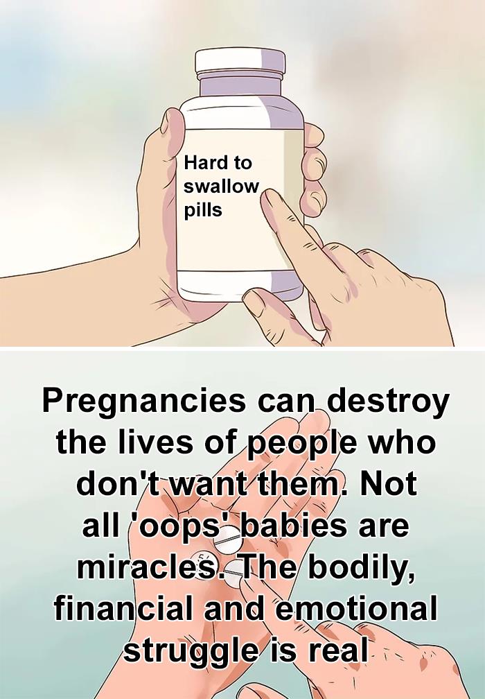 Hands holding a bottle labeled hard to swallow pills and a message about pregnancies being a hard truth people share.