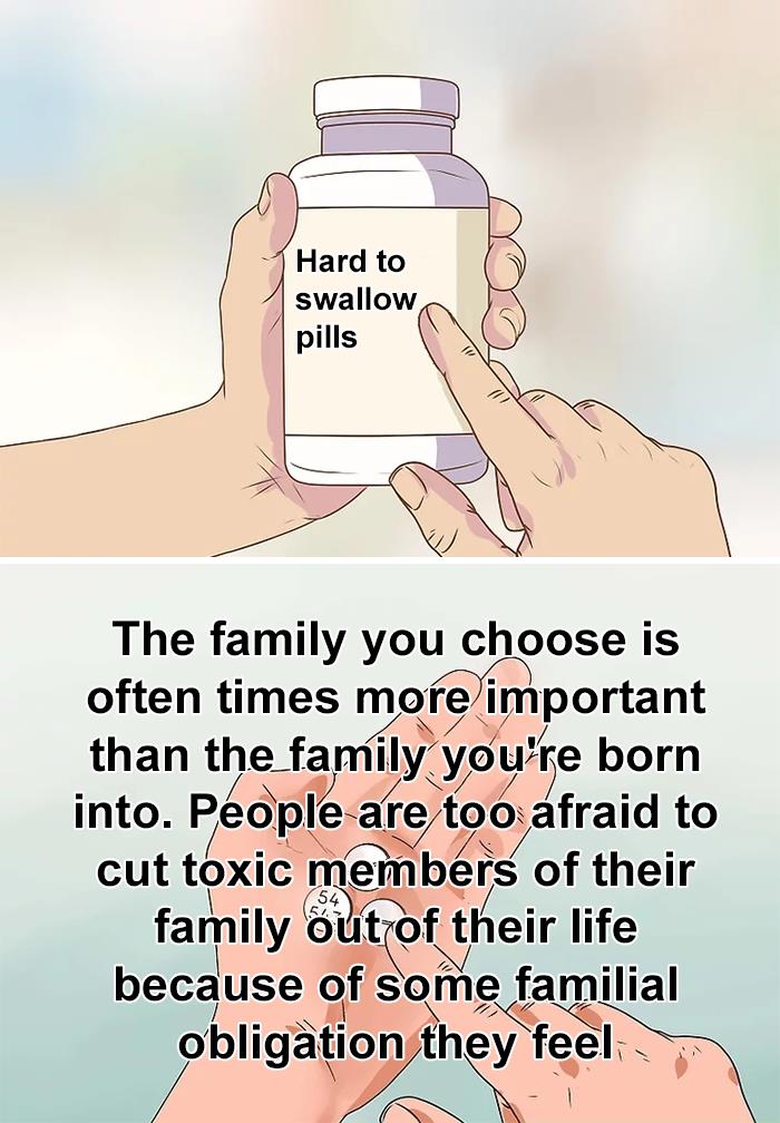 Hands holding a bottle labeled hard to swallow pills and a quote about toxic family members from true but hard to hear things.