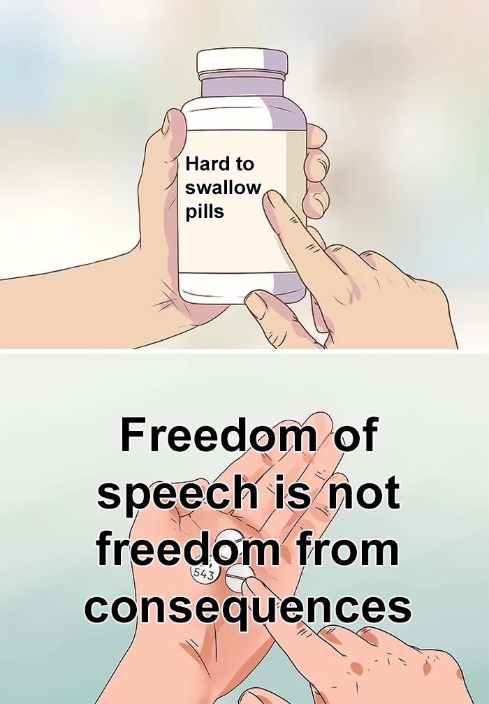 Illustration of hard to swallow pills and hands holding pills with text about freedom of speech consequences, reflecting true facts.