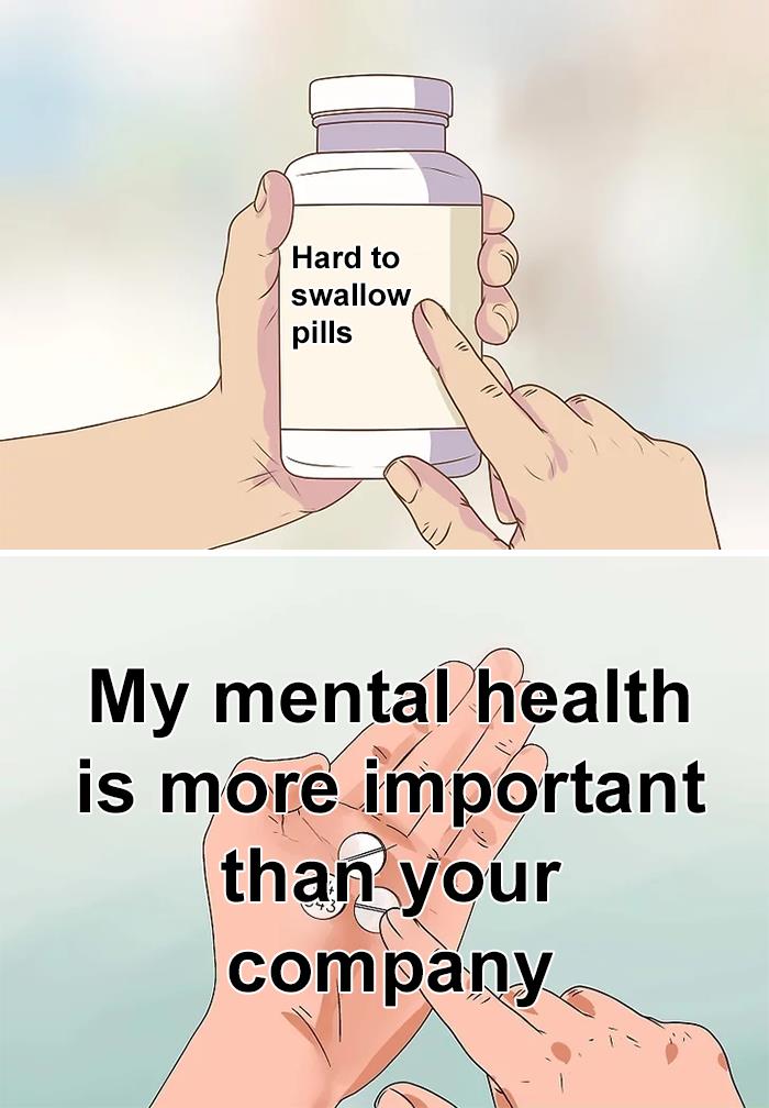 Illustration of a person holding a bottle labeled hard to swallow pills and text about mental health truths people share.