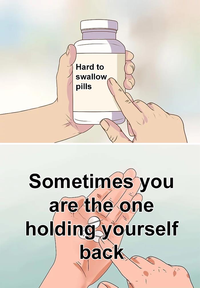 Hands holding a bottle labeled hard to swallow pills and a message about people sharing truths that are hard to hear.