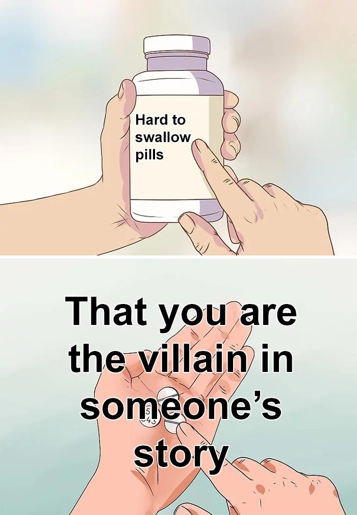 Illustration of a person holding pills labeled hard to swallow, representing uncomfortable truths people share.