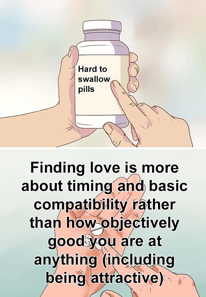 Hands holding a bottle labeled hard to swallow pills and another hand with a pill, illustrating true things people don't want to hear.
