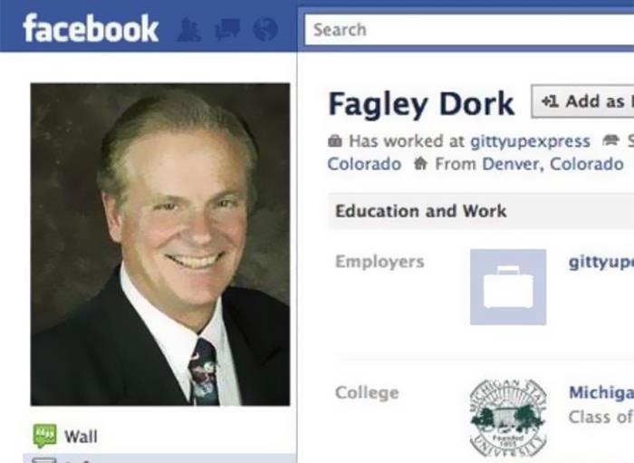 Facebook profile screenshot showing a man named Fagley Dork, illustrating dumbest names encountered by people.