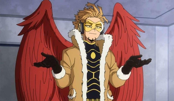 Keigo "Hawks" Takami with red wings and black gloves