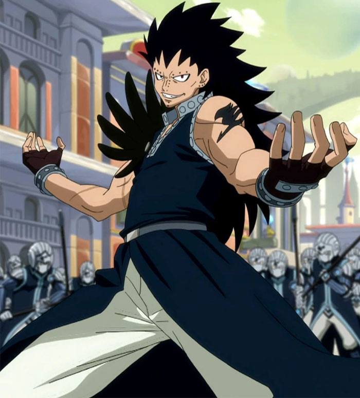 Gajeel Redfox wearing black costume 