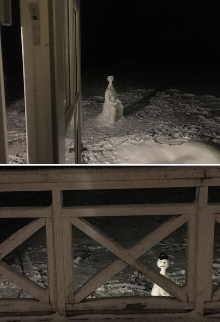 Two unique snowman designs at night outside a house, one sitting and one standing with a hat in a snowy yard.