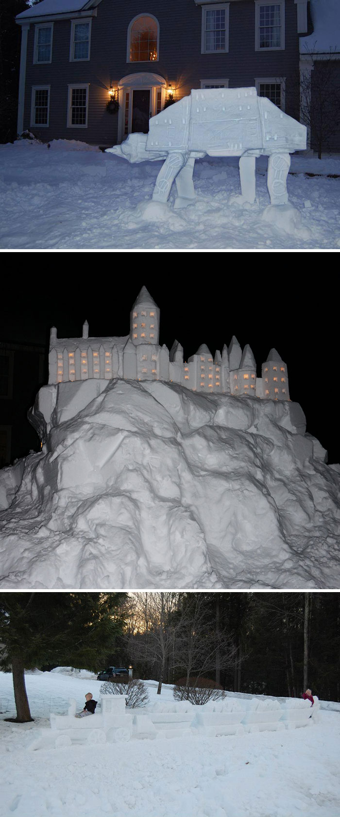Creative snowman designs shaped like a walking machine, illuminated castle, and a train in snowy outdoor settings.