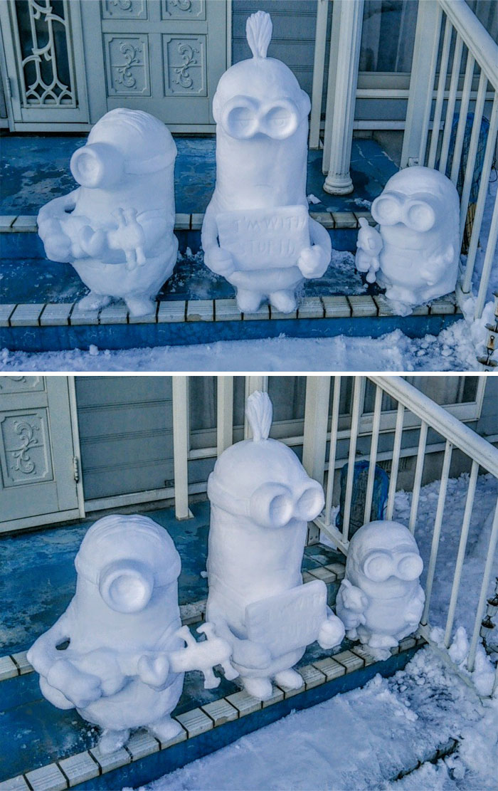 Three creative snowman designs shaped like cartoon characters on a snowy front porch staircase in winter.