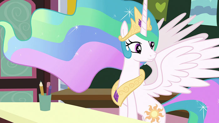 Cute animated character unicorn with colorful mane, sitting at a desk with art supplies in the background.