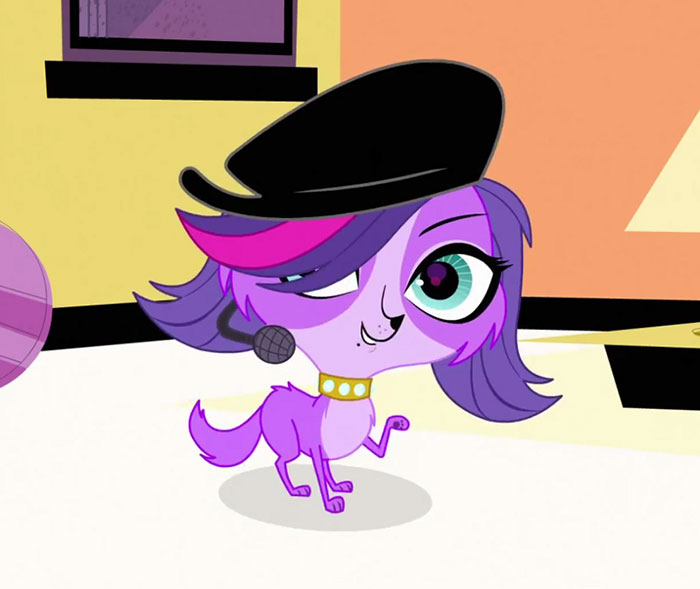 Cute animated character with purple fur, wearing a beret, and holding a microphone, looking charmingly adorable.