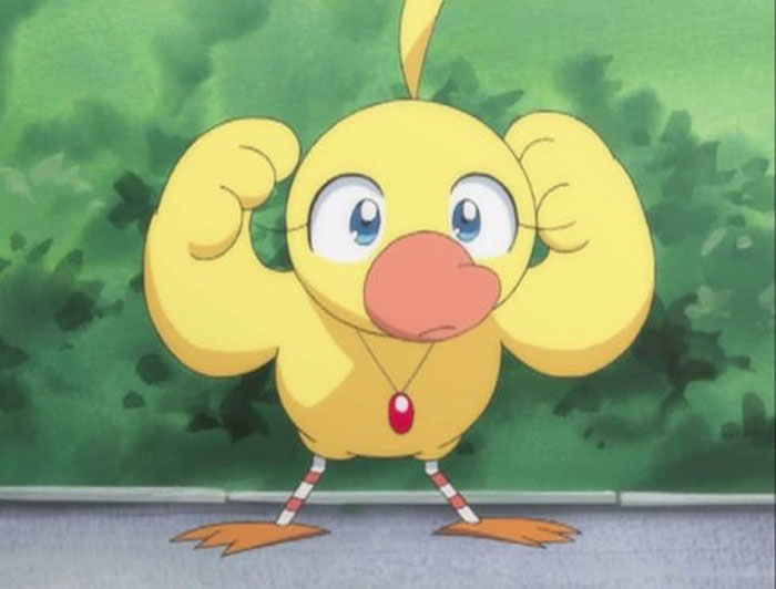 Cute animated character, a yellow bird with big eyes and flexing wings, standing confidently on a sidewalk.