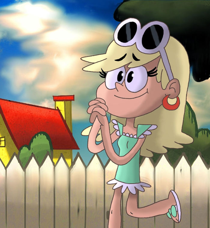 Cute animated character standing by a fence, smiling with clasped hands, wearing sunglasses and a turquoise outfit.