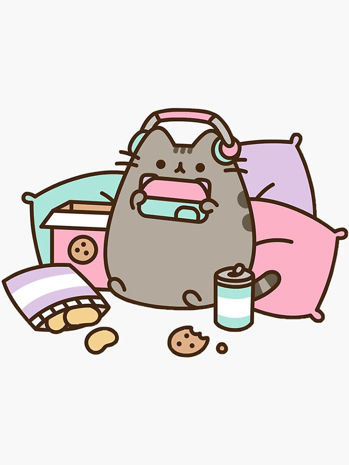 Cute animated character, a chubby cat with headphones, surrounded by snacks and pillows.