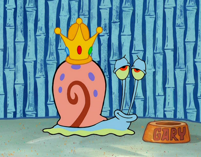 Cute animated character, a snail with a crown, next to a food bowl labeled "Gary", on a vibrant background.