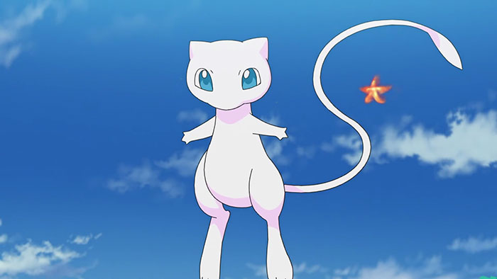 Cute animated character with large blue eyes and long tail floating in a clear sky.