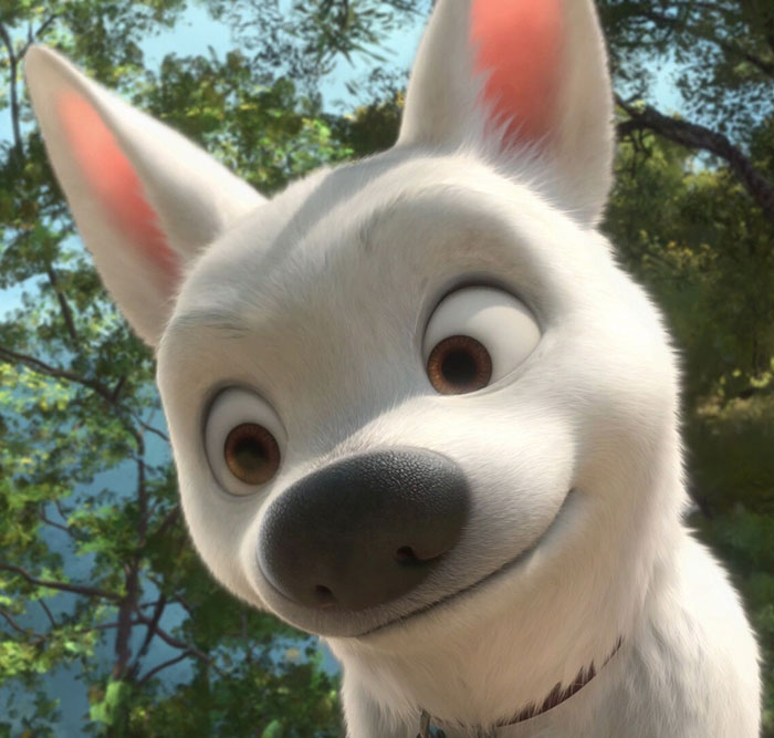 Cute animated character, a white dog with big eyes, looking playful and curious against a green forest background.