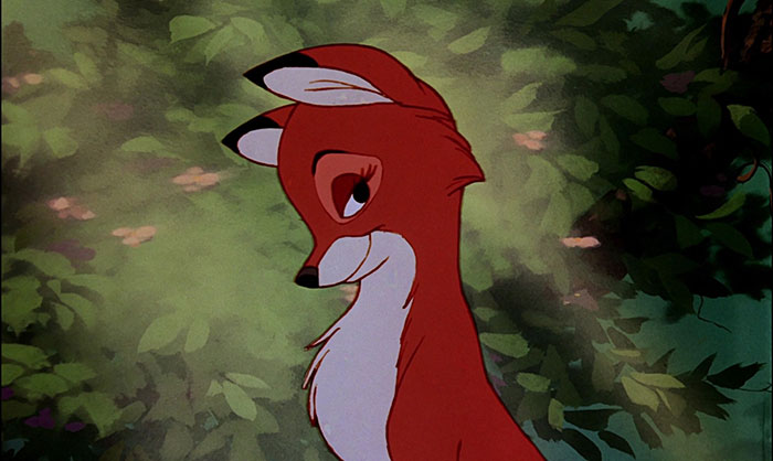 Cute animated character, a charming red fox, with a serene forest background.