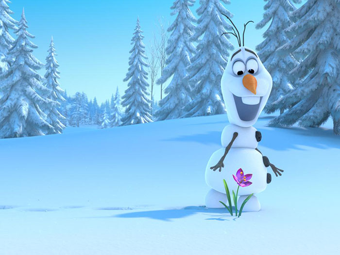 Cute animated character Olaf smiling at a flower in a snowy landscape.