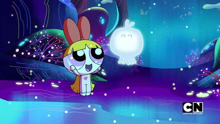 Cute animated characters in a colorful, glowing underwater scene with a happy jellyfish.