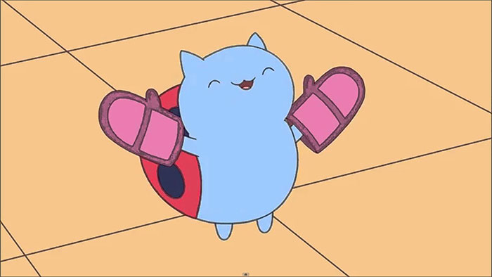 Cute animated character with blue body and pink mittens, looking joyful on a tiled floor.