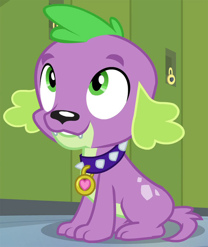 Cute animated character, a purple puppy with green accents and a collar, sitting in front of lockers.