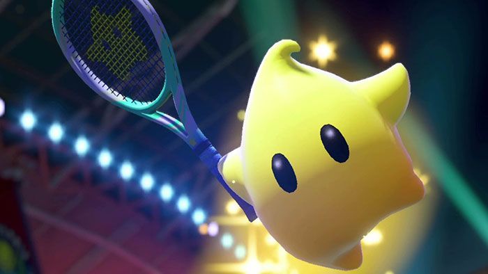 Cute animated character holding a tennis racket in a brightly lit setting.